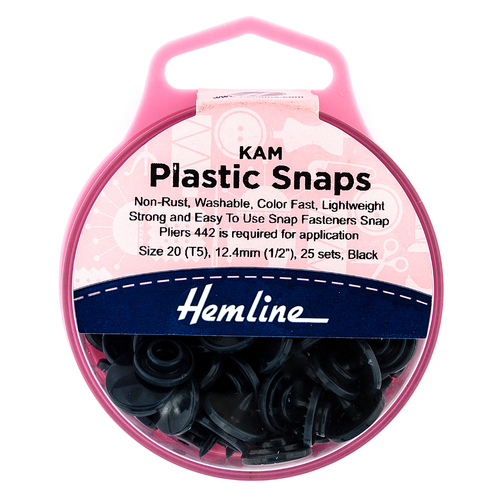 A pot with 25 sets of Black KAM Plastic Snap Fasteners, each measuring 12.4mm.