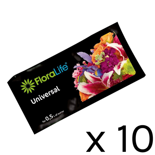 A Pack of 10 FloraLife Express Universal Clear Flower Food Sachets, 0.5L Water Amount.