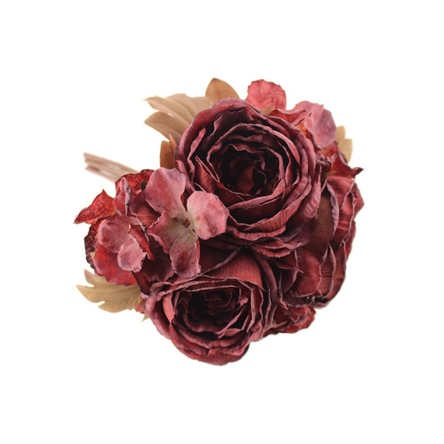 A 28cm dried touch red rose and hydrangea bunch.