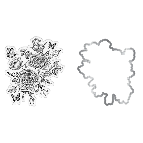 A Nature's Garden Midnight Floral Butterfly Rose Stamp & Die Set, with 2 pieces included.