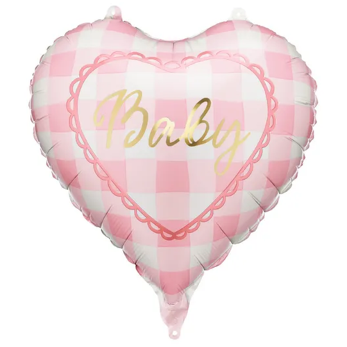 An 18 inch Baby Light Pink Tartan Heart Foil Balloon, manufactured by PartyDeco.
