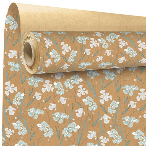 A roll of Aube green patterned natural kraft paper, manufactured by Clayrtons.