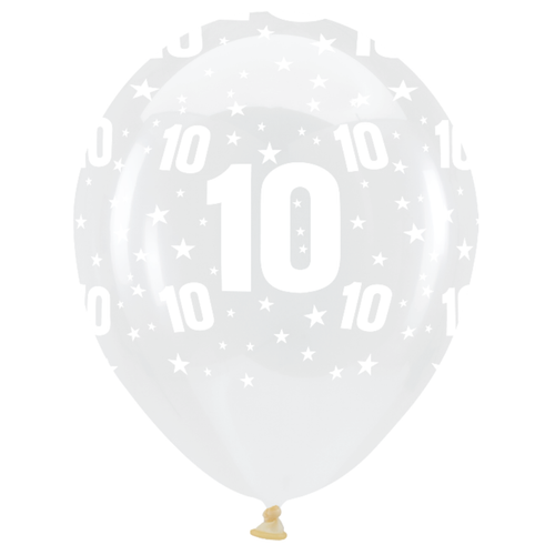 A pack of 25 11 inch Age 10 Stars-A-Round Clear Latex Balloons, manufactured by Anagram.