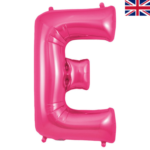 A 34 inch Oaktree Pink Letter E Foil Balloon, manufactured by Oaktree.