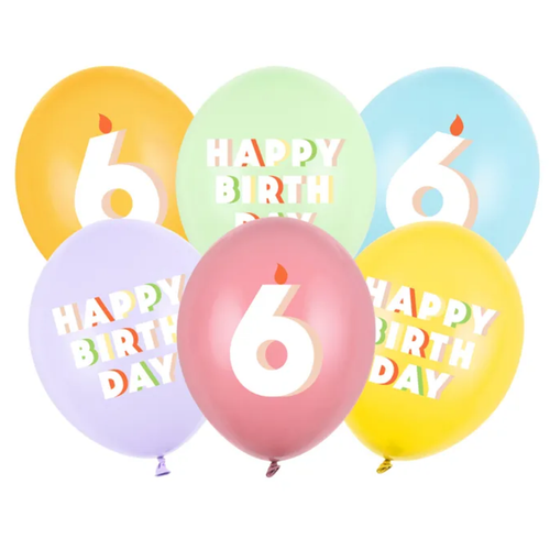 A pack of 6 12 inch Happy Birthday Age 6 Bright Pastel Latex Balloons, manufactured by PartyDeco.