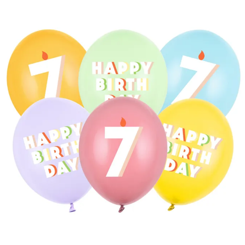 A pack of 6 12 inch Happy Birthday Age 7 Bright Pastel Latex Balloons, manufactured by PartyDeco.