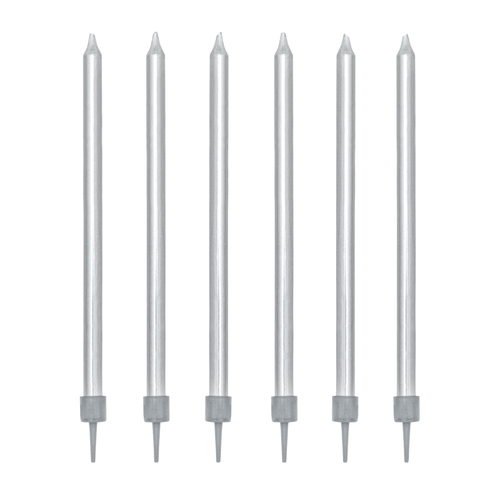 A pack of 12.5cm Plain Silver Birthday Candles, manufactured by Party Deco.