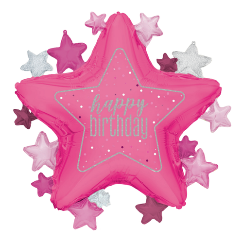 A 22 inch Glitz Pink Star Happy Birthday Foil Balloon, manufactured by Unique.