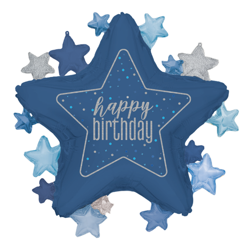 A 22 inch Glitz Blue Star Happy Birthday Foil Balloon, manufactured by Unique.