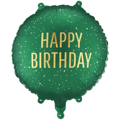 An 18 inch Happy Birthday Dark Green Speckled Foil Balloon, manufactured by PartyDeco.