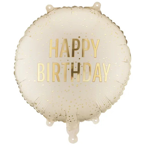 An 18 inch Happy Birthday Beige Speckled Foil Balloon, manufactured by PartyDeco.