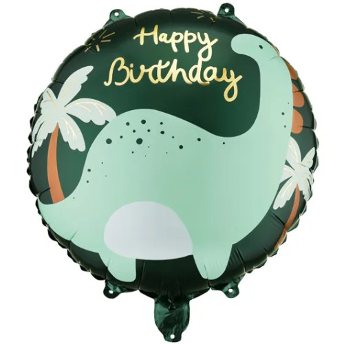 An 18 inch Happy Birthday Green Brontosaurus Foil Balloon, manufactured by PartyDeco.