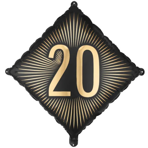 An 18 inch Black & Gold Age 20 Diamond Foil Balloon, manufactured by PartyDeco.