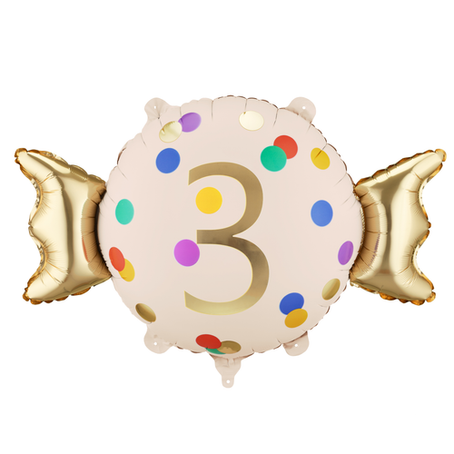 A 24 inch Age 3 Candy Shape Foil Balloon, manufactured by PartyDeco.