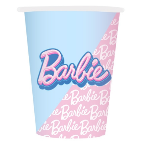 A pack of 8 Barbie Style Paper Cups, manufactured by Unique.