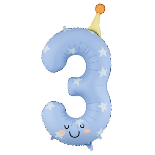 A 34 inch Party Hat Blue Number 3 Foil Balloon, manufactured by PartyDeco.