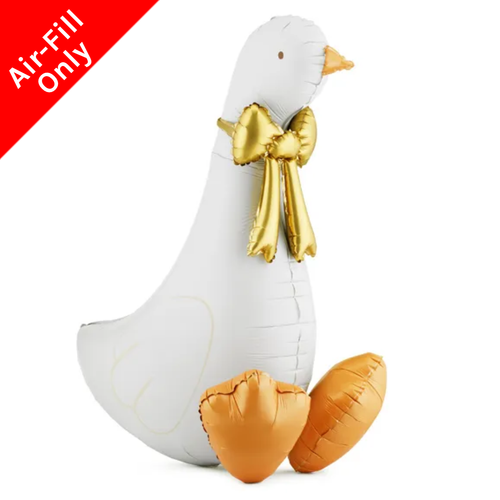 A 41 inch White Goose with Bow Foil Balloon, manufactured by PartyDeco.