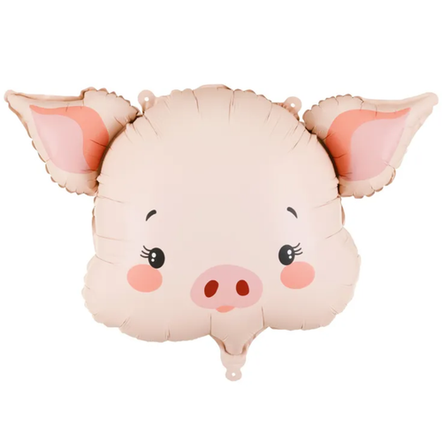 A 30 inch Pink Pig Head Foil Balloon, manufactured by PartyDeco.