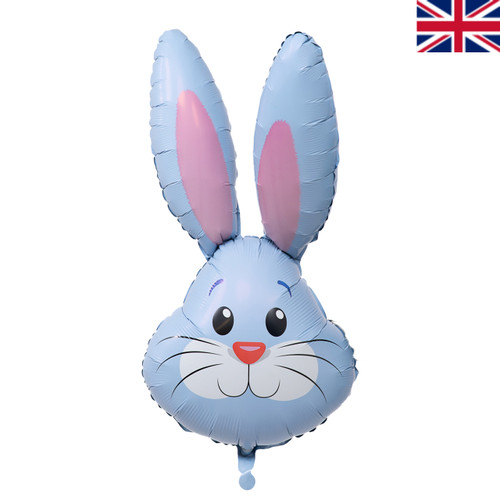 A 35 inch light blue cute rabbit head foil balloon, manufactured by Oaktree.