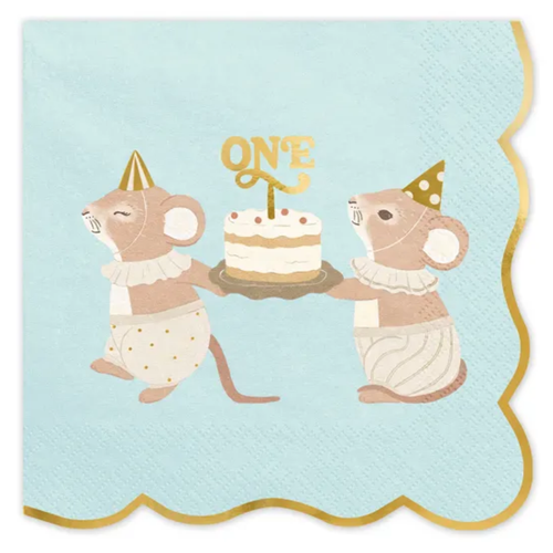 A pack of Light Blue Mice Number 1 Paper Napkins, manufactured by PartyDeco.