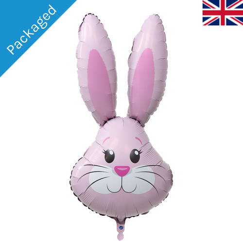 A 35 inch light pink cute rabbit head foil balloon, manufactured by Oaktree.