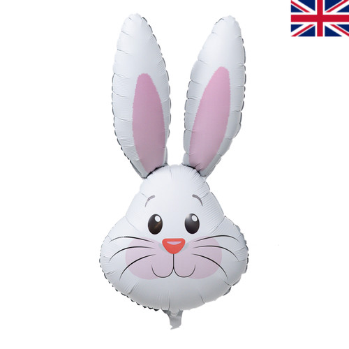 A 35 inch white cute rabbit head foil balloon, manufactured by Oaktree.