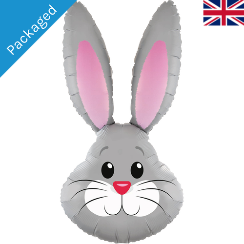 A 35 inch grey cute rabbit head foil balloon, manufactured by Oaktree.