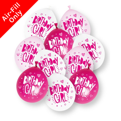 A retail pack of 10 9 inch Pink Birthday Girl Neck Up Assorted Latex Balloons, manufactured by Unique.
