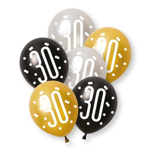 A retail pack of 6 12 inch Glitz Number 30 Assorted Latex Balloons, manufactured by Unique.