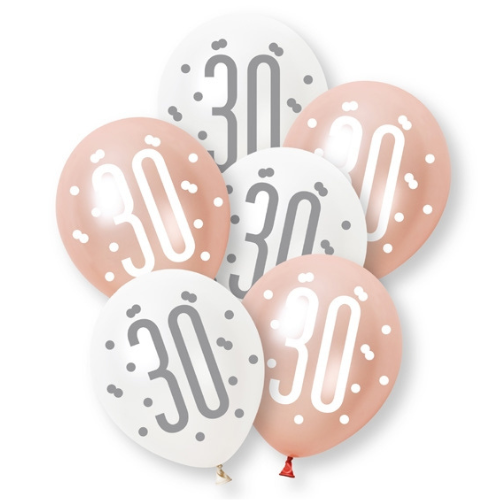 A retail pack of 6 12 inch Rose Gold Number 30 Assorted Latex Balloons, manufactured by Unique.