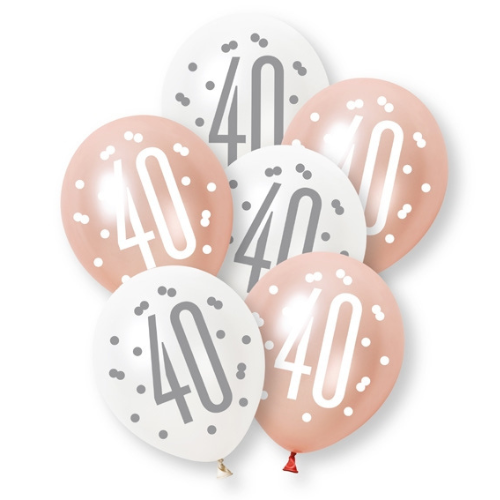A retail pack of 6 12 inch Rose Gold Number 40 Assorted Latex Balloons, manufactured by Unique.