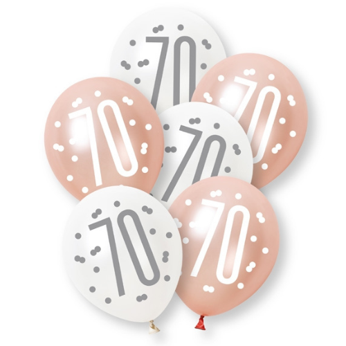 A retail pack of 6 12 inch Rose Gold Number 70 Assorted Latex Balloons, manufactured by Unique.
