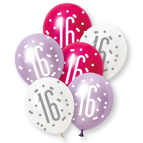A retail pack of 6 12 inch Pink & Purple Number 16 Assorted Latex Balloons, manufactured by Unique.