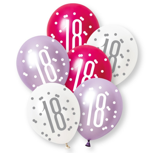 A retail pack of 6 12 inch Pink & Purple Number 18 Assorted Latex Balloons, manufactured by Unique.