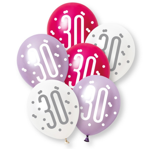 A retail pack of 6 12 inch Pink & Purple Number 30 Assorted Latex Balloons, manufactured by Unique.
