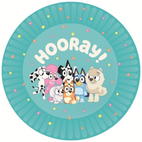 A pack of 8 Bluey Party Paper Plates, manufactured by Unique.