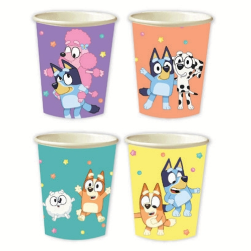 A pack of 8 Bluey Party Paper Cups, manufactured by Unique.