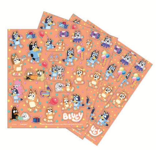 A set of 4 Bluey Party Sticker Sheets, manufactured by Unique.