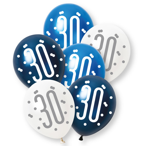A pack of 6 12 inch 30th birthday blue and silver glitz latex balloons, manufactured by Unique.