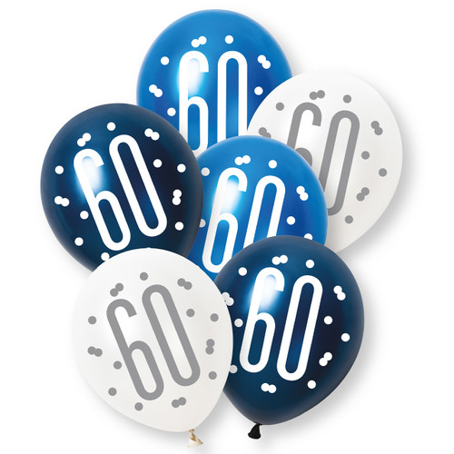 A pack of 6 12 inch 60th birthday blue and silver glitz latex balloons, manufactured by Unique.