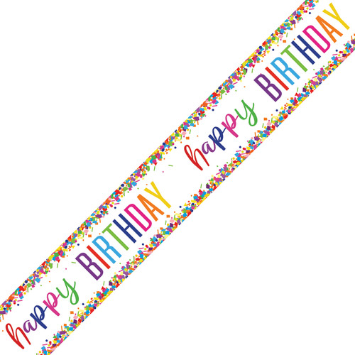 A happy birthday rainbow confetti foil banner, manufactured by Unique.