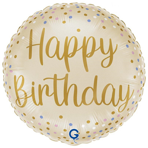 An 18 inch Cream Happy Birthday Foil Balloon, manufactured by Grabo.