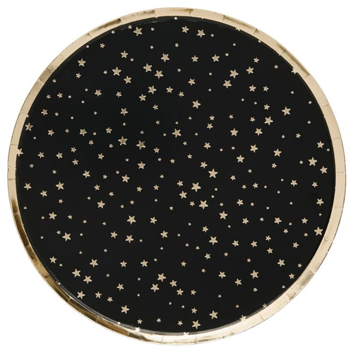 A set of 8 Umrah Mubarak Gold Star Paper Plates, manufactured by Hootyballoo.