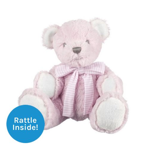 A Hug-a-Boo Pink Rattle Bear, measuring approx. 5 inches sitting.