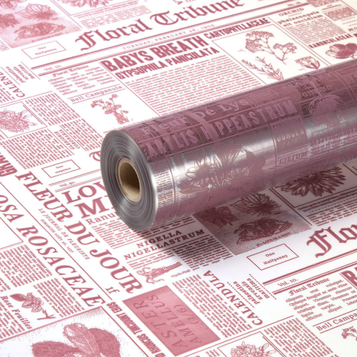 A roll of Rosy Mauve Newspaper Sienna Print Clear Film, measuring approx. 80cm x 80m.