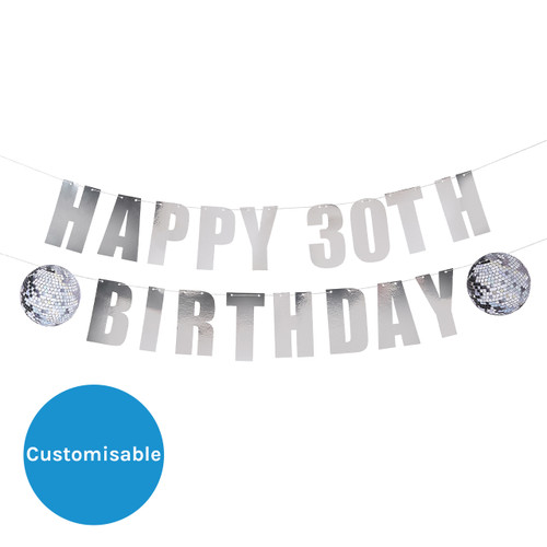 A 2m Silver Disco Customisable Paper Banner, manufactured by Hootyballoo.