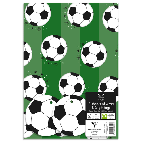 A pack of 2 sheets of Football Party Gift Wrap with Tags, measuring approx. 50cm x 70cm.