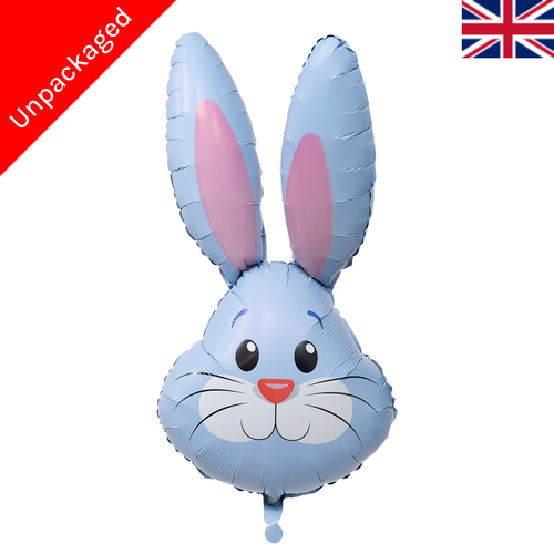 A 35 inch light blue cute rabbit head foil balloon, manufactured by Oaktree.