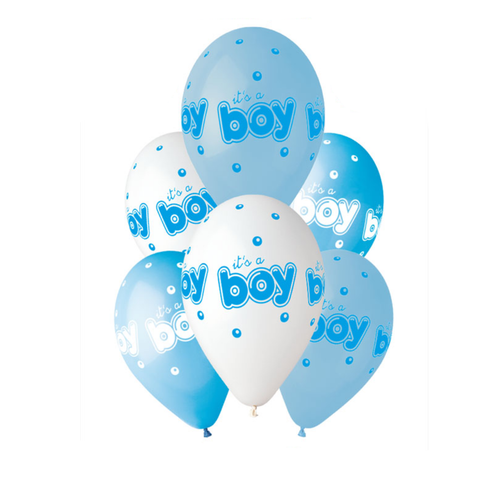 A pack of 6 13 inch It's a Boy Bubbles Blue Latex Balloons, manufactured by Gemar.