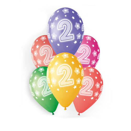 A pack of 6 13 inch Age 2 Cosmic Stars Latex Balloons, manufactured by Gemar.